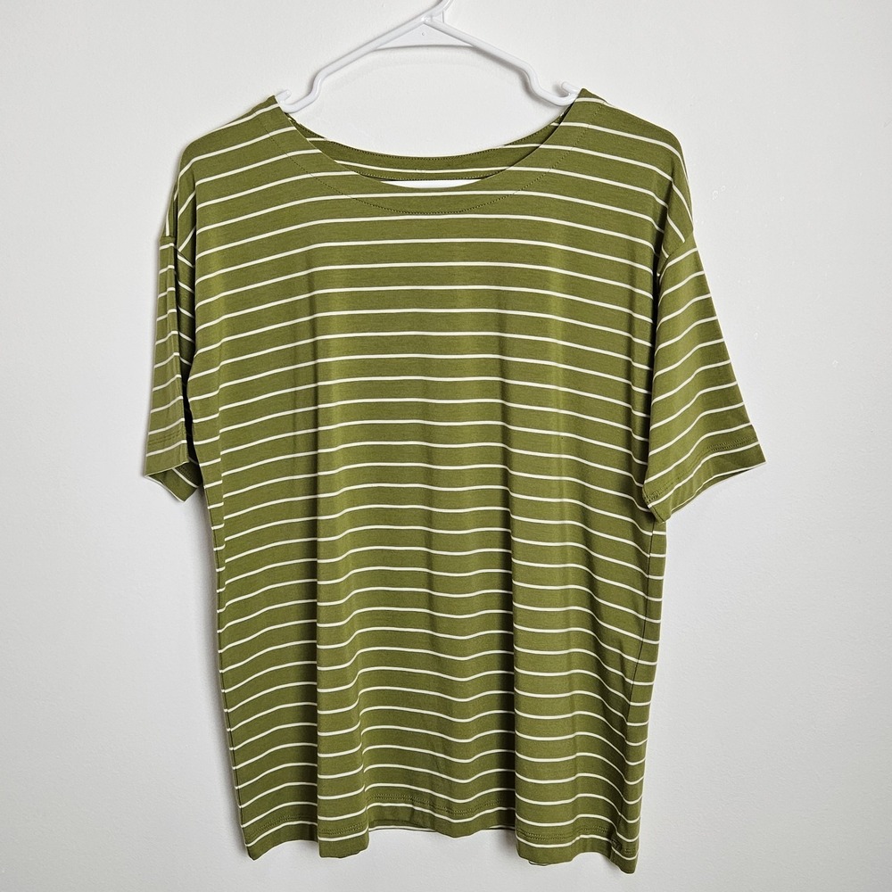 J. Jill Luxe‎ Supima Elbow Sleeve Tee Womens Sz S Green Cream Striped Shirt Top
